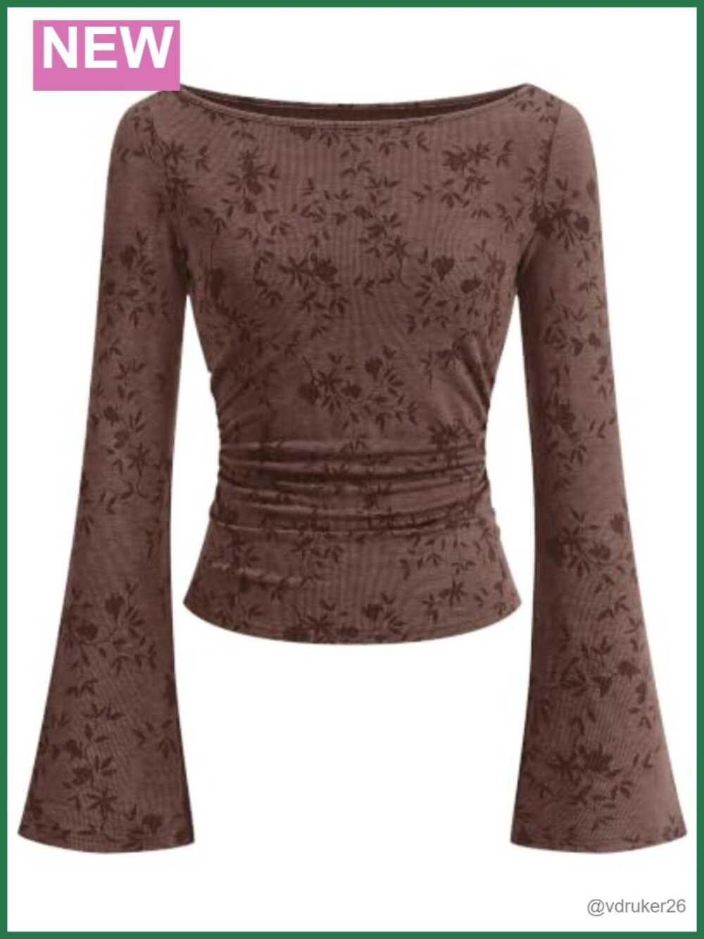 Womens Floral Ribbed Knit Top Bell Sleeve Boat Neck Long Sleeve Blouse